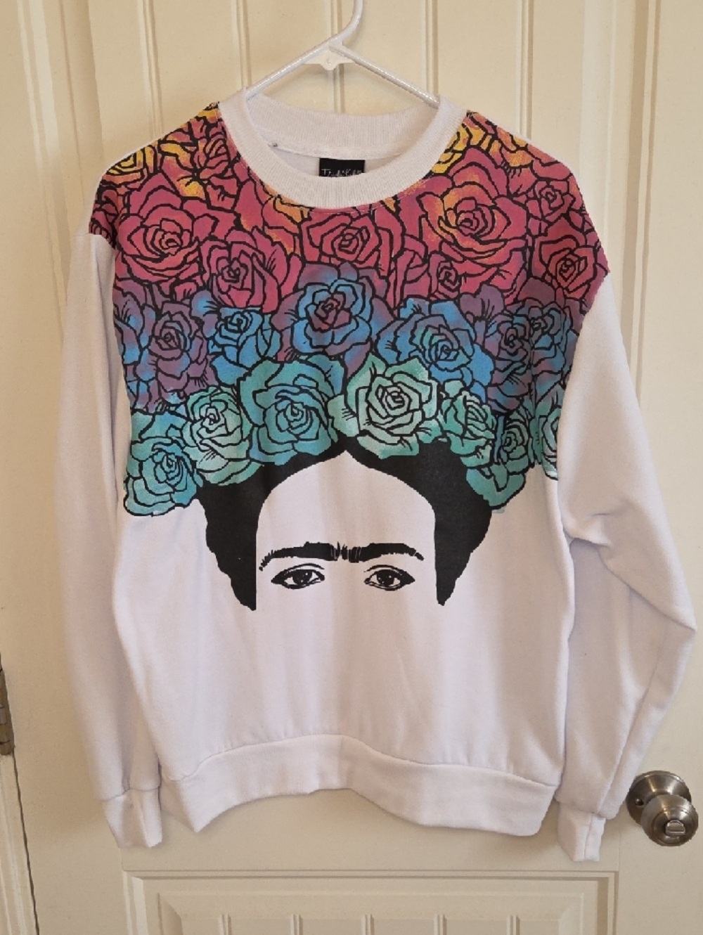 Floral Crown Frida Kahlo White Sweatshirt With Eyes And Roses - Picture 3 of 7